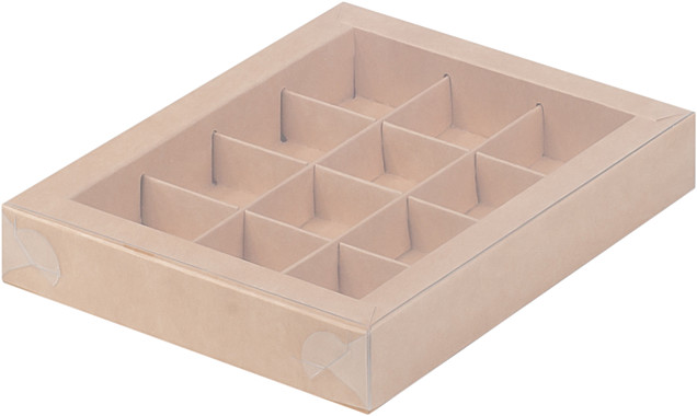 Коробка для конфет с пластиковой крышкой 190*150*30 (12) (крафт)