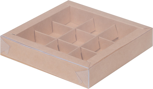 Коробка для конфет с пластиковой крышкой 155*155*30 мм (9) (крафт)