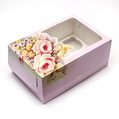 Коробка под капкейки с окошком с печатью 235*160*100 мм (6) (роза)