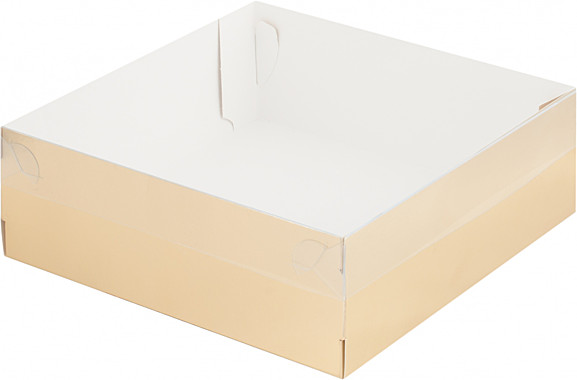 Коробка для зефира, тортов и пирожных с пластиковой крышкой 200*200*70 мм (золото)